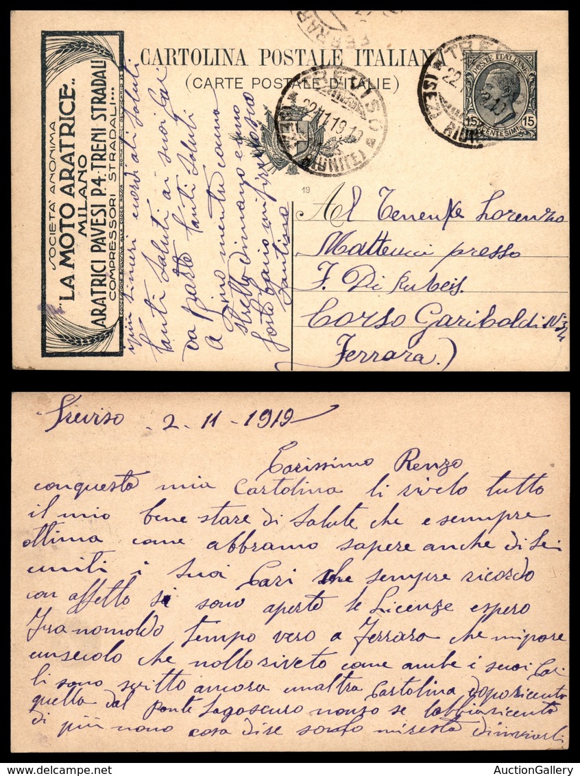 2994 CARTOLINE - INTERI - Pubblicitari - 1919 - La Moto Aratrice (R2/10) - Viaggiata 22.11.19 (75) - Other & Unclassified