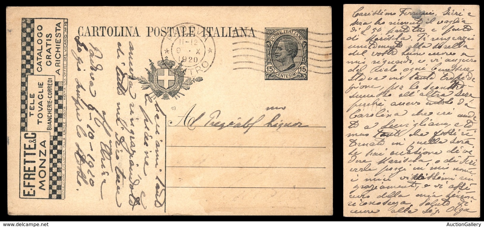 2995 CARTOLINE - INTERI - Pubblicitari - 1919 - E. Frette & C. (R3/15) - Viaggiata 9.10.20 (110) - Other & Unclassified