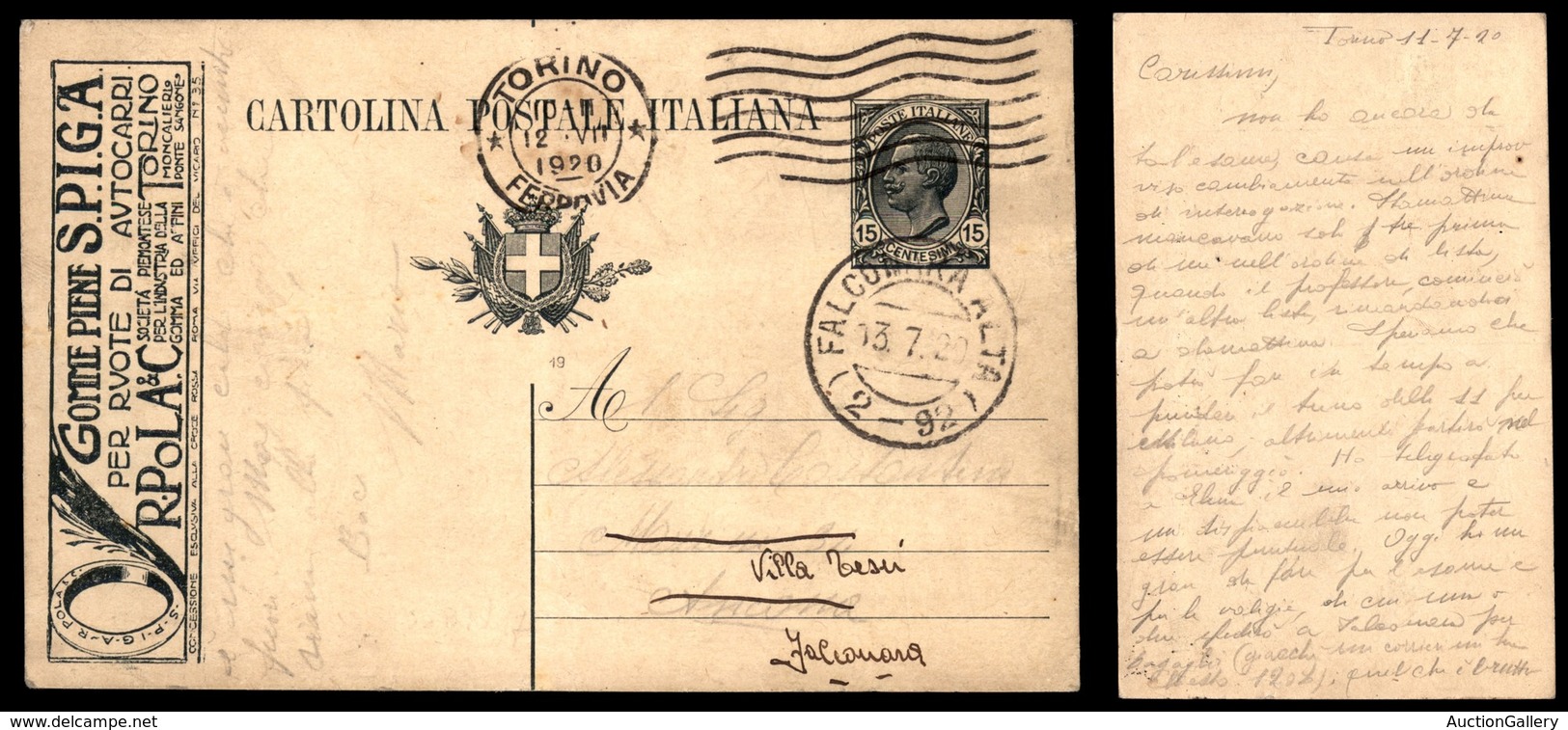 2996 CARTOLINE - INTERI - Pubblicitari - 1919 - Gomme S.P.I.G.A. (R3/16) - Viaggiata 12.7.1920 (110) - Other & Unclassified