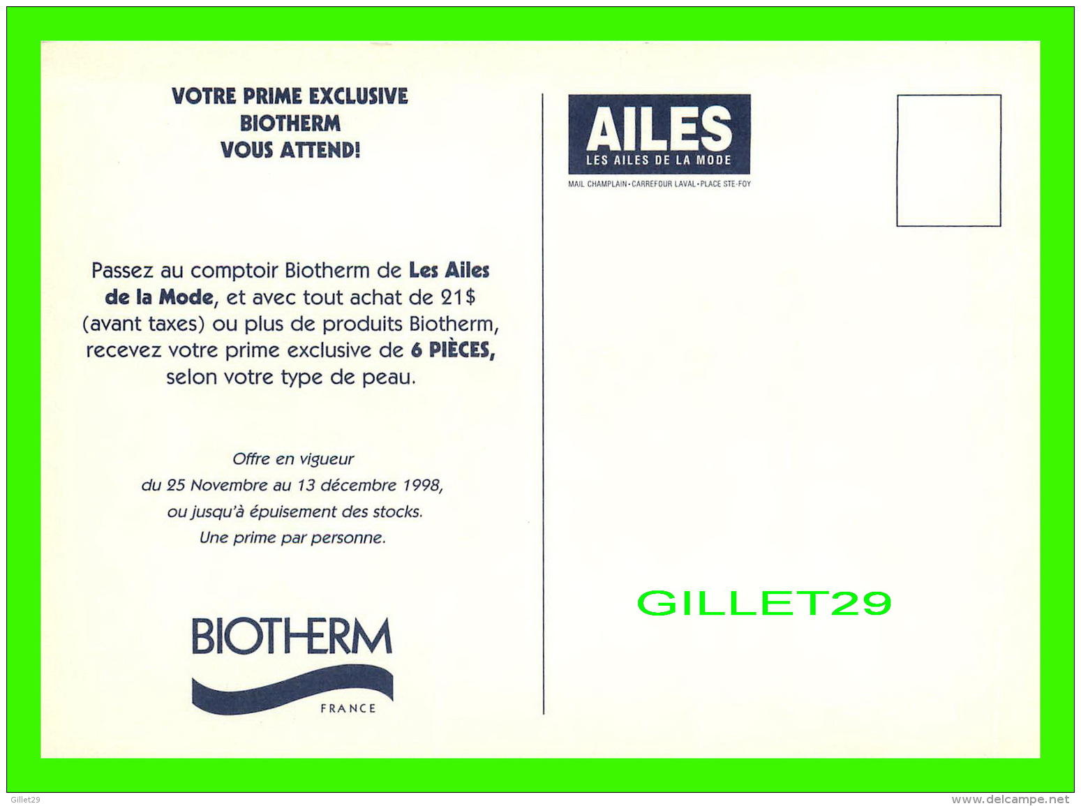 ADVERTISING - PUBLICITÉ - BIOTHERM CHEZ LES AILES DE LA MODE EN 1998 - - Advertising