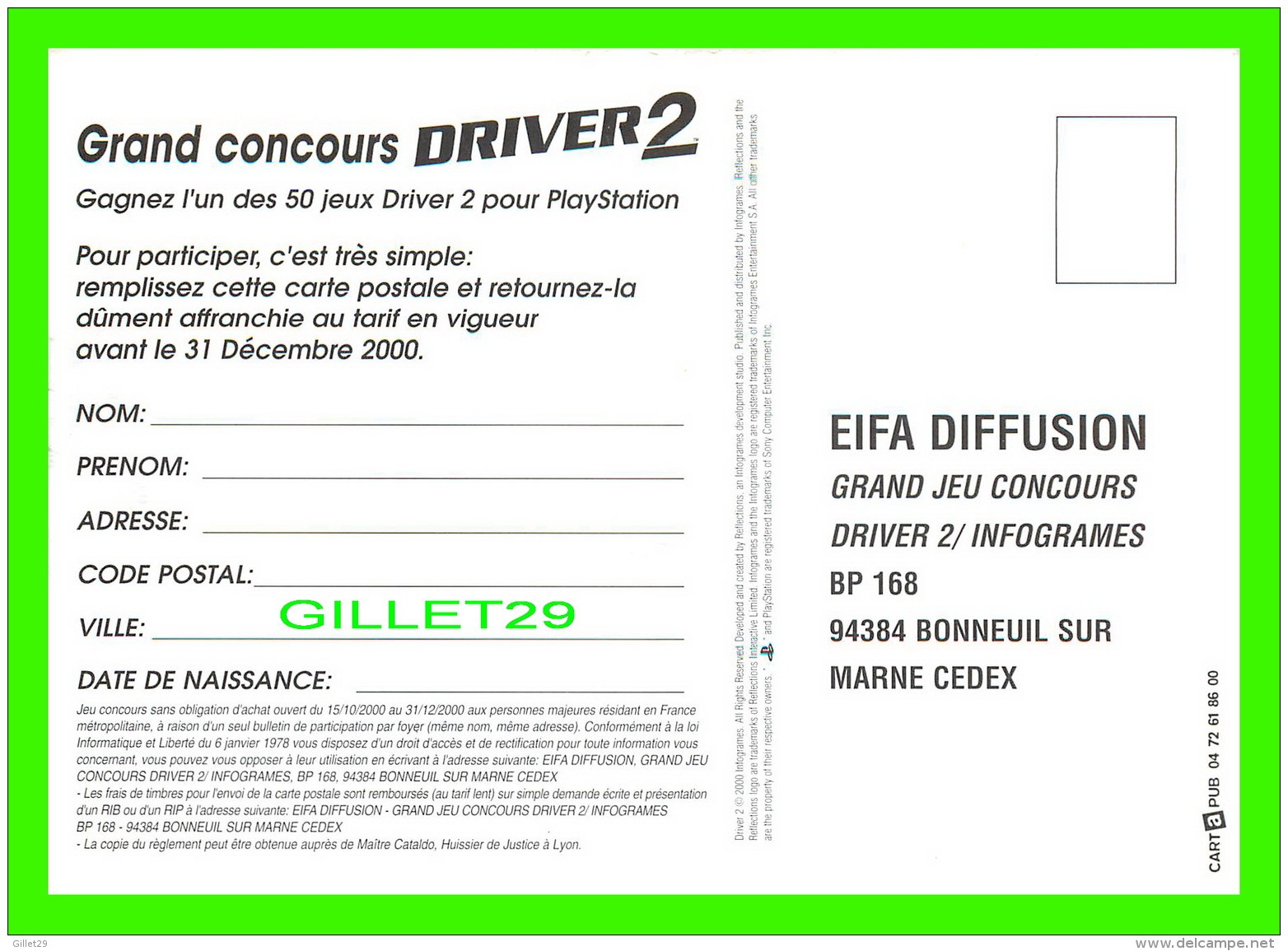 ADVERTISING - PUBLICITÉ - EIFA DIFFUSION - DRIVER 2, BACK ON THE STREETS  IN 2000 - - Publicité