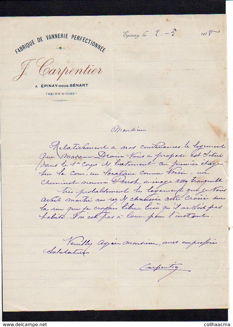 1928 Entête Correspondance J. Carpentier Fabrique De Vannerie Perfectionnée à Epinay Sous Sénart 91 - 1900 – 1949