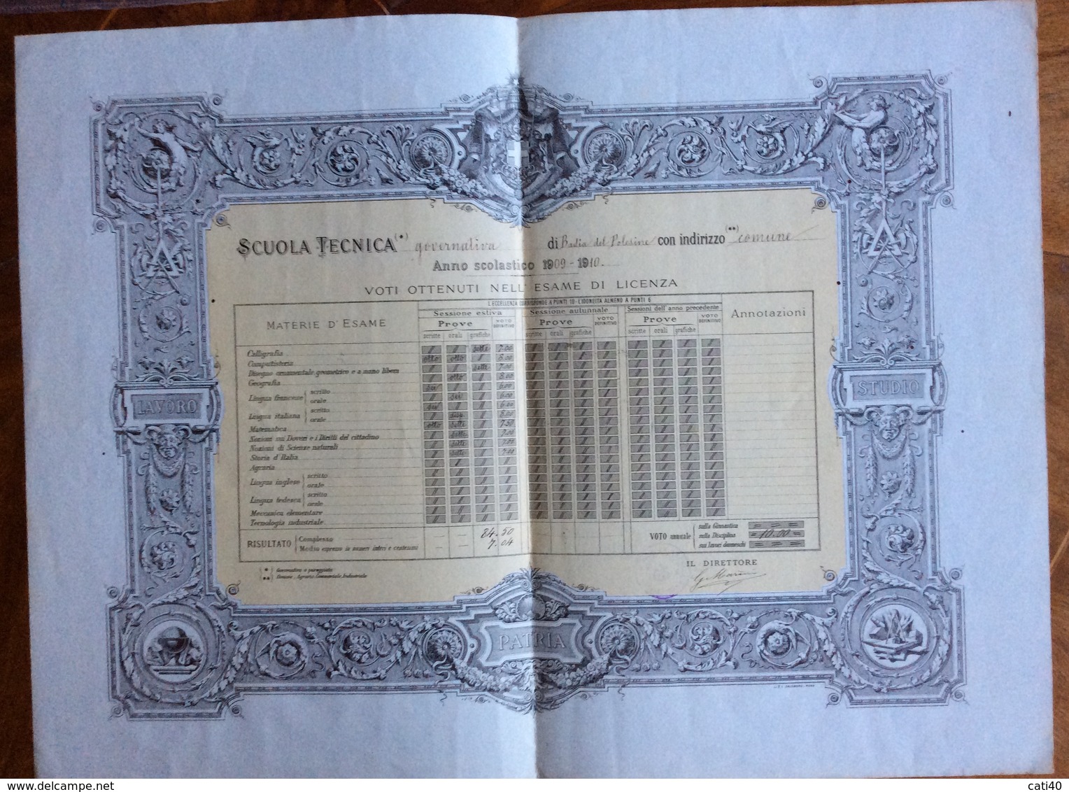 BADIA DEL POLESINE  CERTIFICATO DI LICENZA DELLA LOCALE SCUOLA TECNICA ANNO 1909-10 CON TIMBRI FIRME E MARCA DA BOLLO - Diplomi E Pagelle