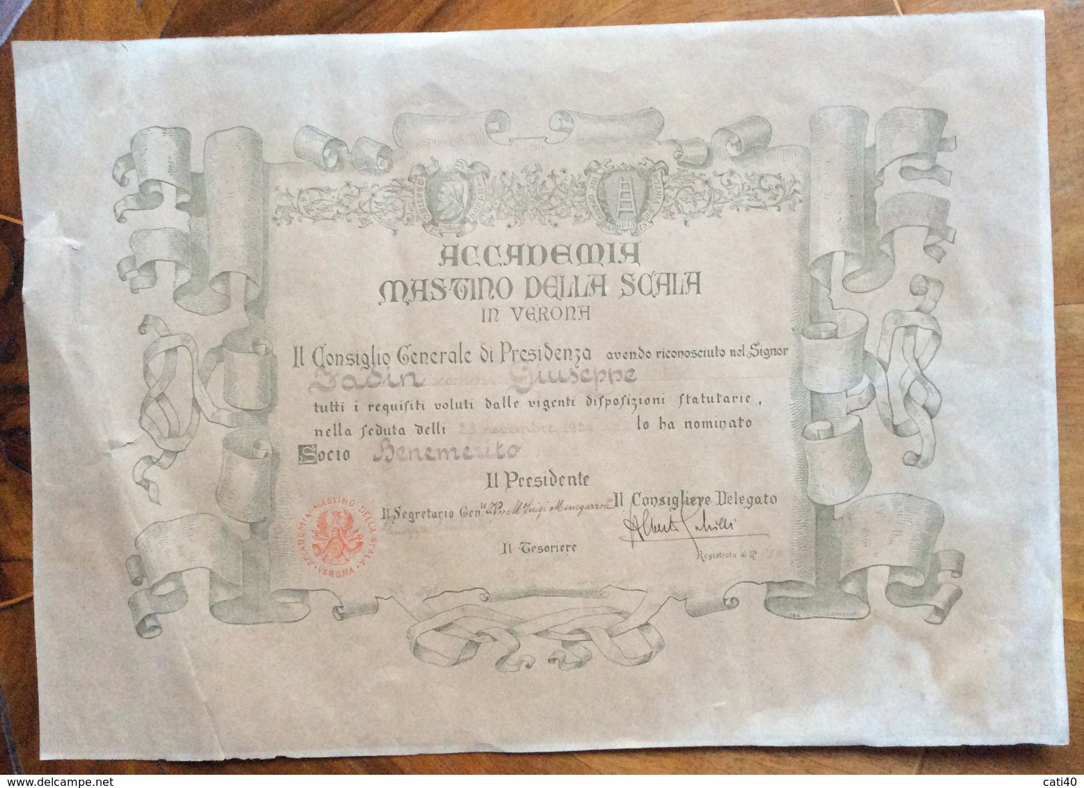 VERONA ACCADEMIA MASTINO DELLA SCALA DIPLOMA DI SOCIO BENEMERITO DEL 1920 CON FIRME IMPORTANTI - Diplomi E Pagelle