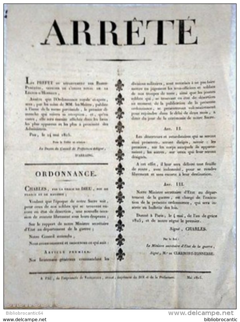 AFFICHE 1825 < BASSES PYRENEES < ARRETE-ORDONNANCE DESERTEURS & RETARDATAIRES - Decrees & Laws