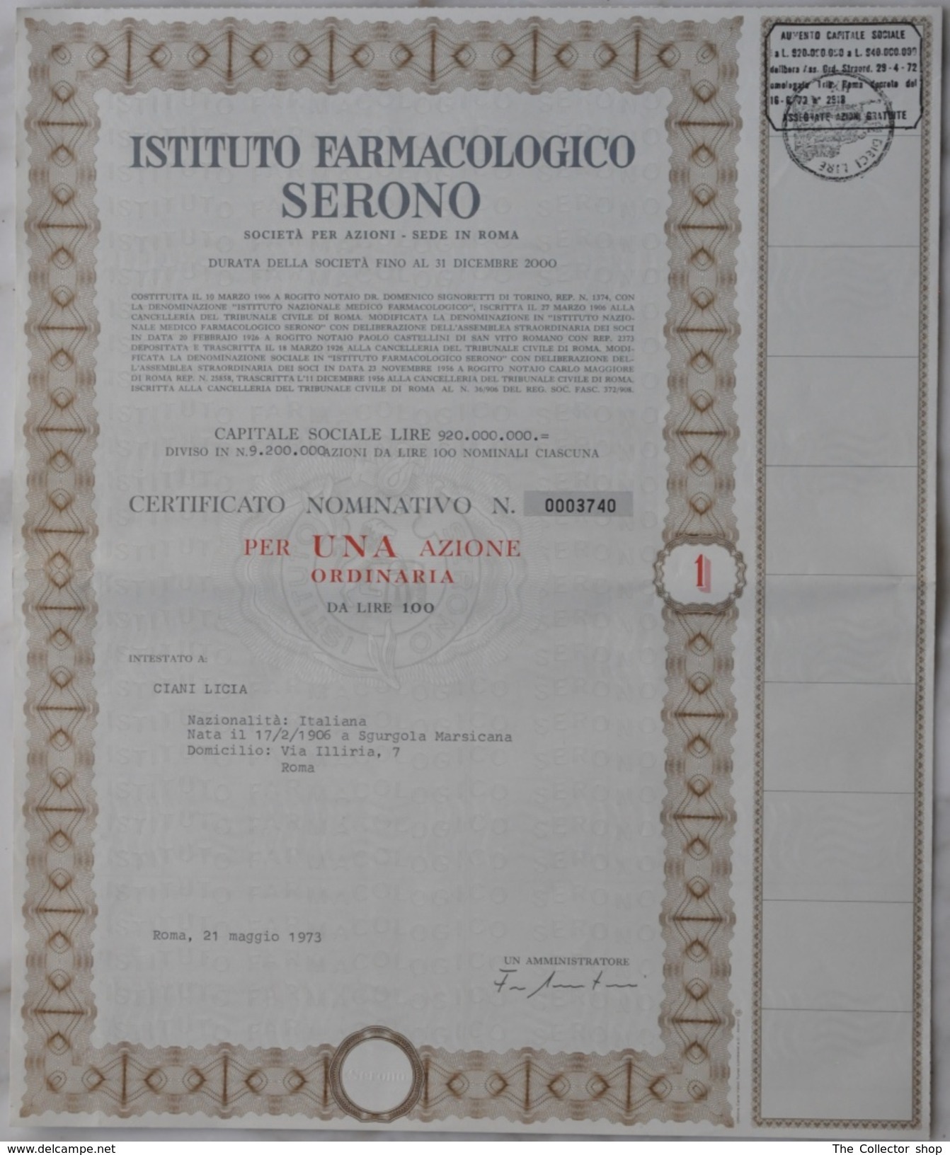 Titolo  1 Azione " Istituto Farmacologico Serono " 1970 - Industrie