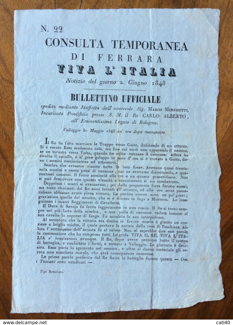 GUERRA D'INDIPENDENZA 1848-49 MANIFESTO CONSULTA TEMPORANEA DI FERRARA  BULLETTINO UFFICIALE  VALLEGGIO 30/5/1848 - Manifesti