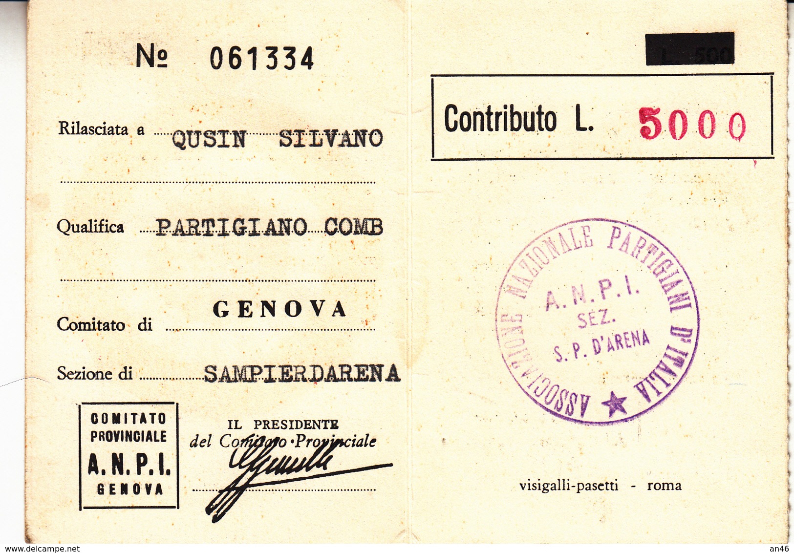 Tessera_A.N.P.I. 1946_1966 Comitato Di Genova Sez S.P.D'Arena-Buono Stato Di Conservazione-Originale 100%- - Collections