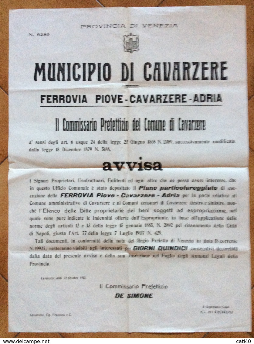 MUNICIPIO DI CAVARZERE FERROVIA PIOVE-CAVARZERE-ADRIA MANIFESTO( 80x57) DEL 22/10/13  TIPOGRAFIA FRANZOSO & C. - Posters