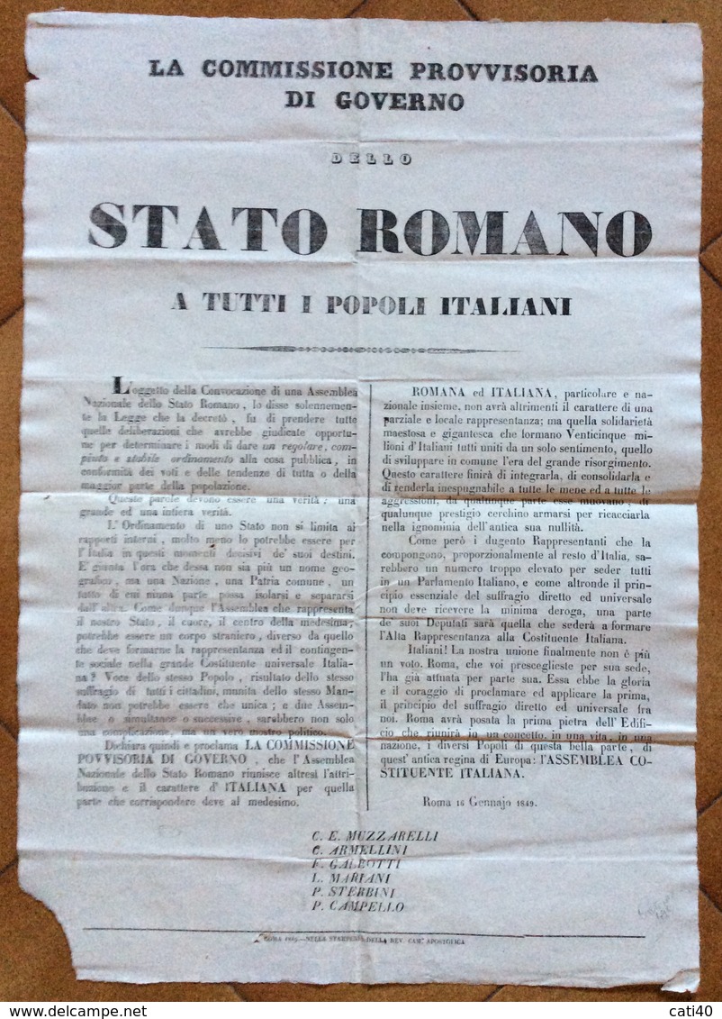 GUERRA D'INDIPENDENZA 1848-49 LA COMMISSIONE PROVVISORIA DI GOVERNO ...A TUTTI I POPOLI ITALIANI...ROMA 16/1/849 - Manifesti