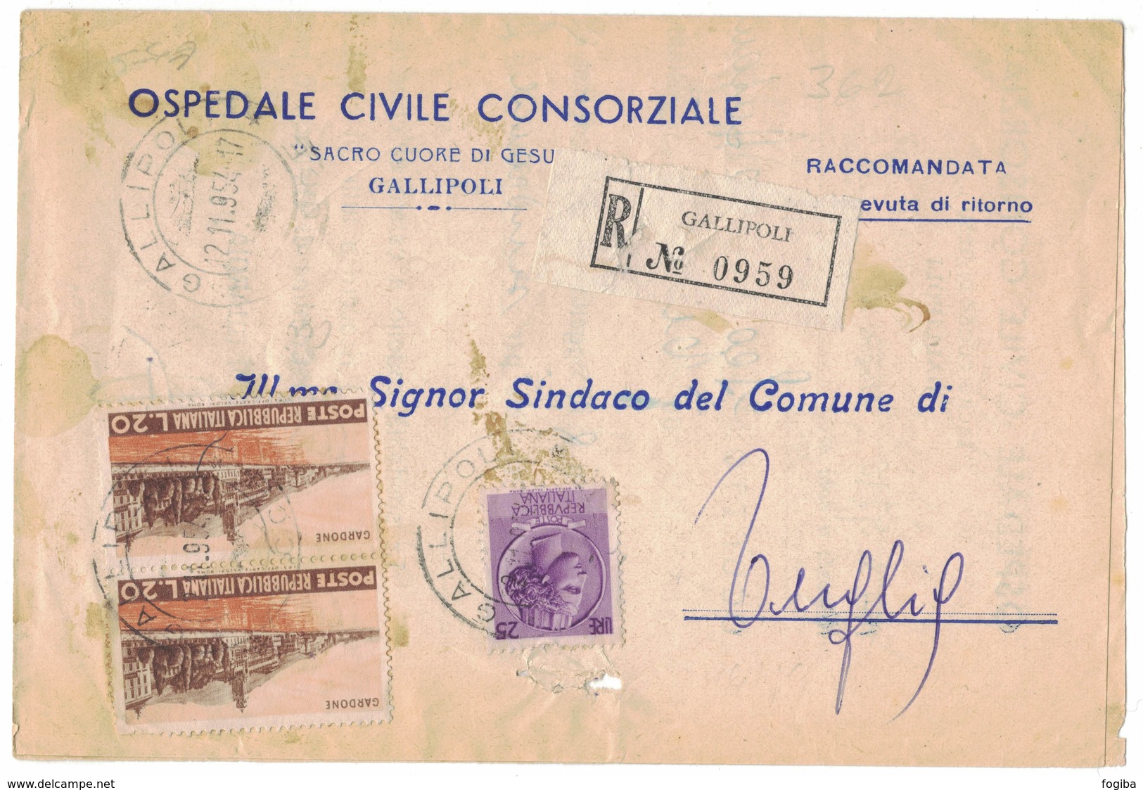 QS41  Storia Postale 1954 - Coppia Gardone £.20+Siracusana £.25 Su Piego Raccomandato Da Gallipoli A Tuglie - 1946-60: Storia Postale