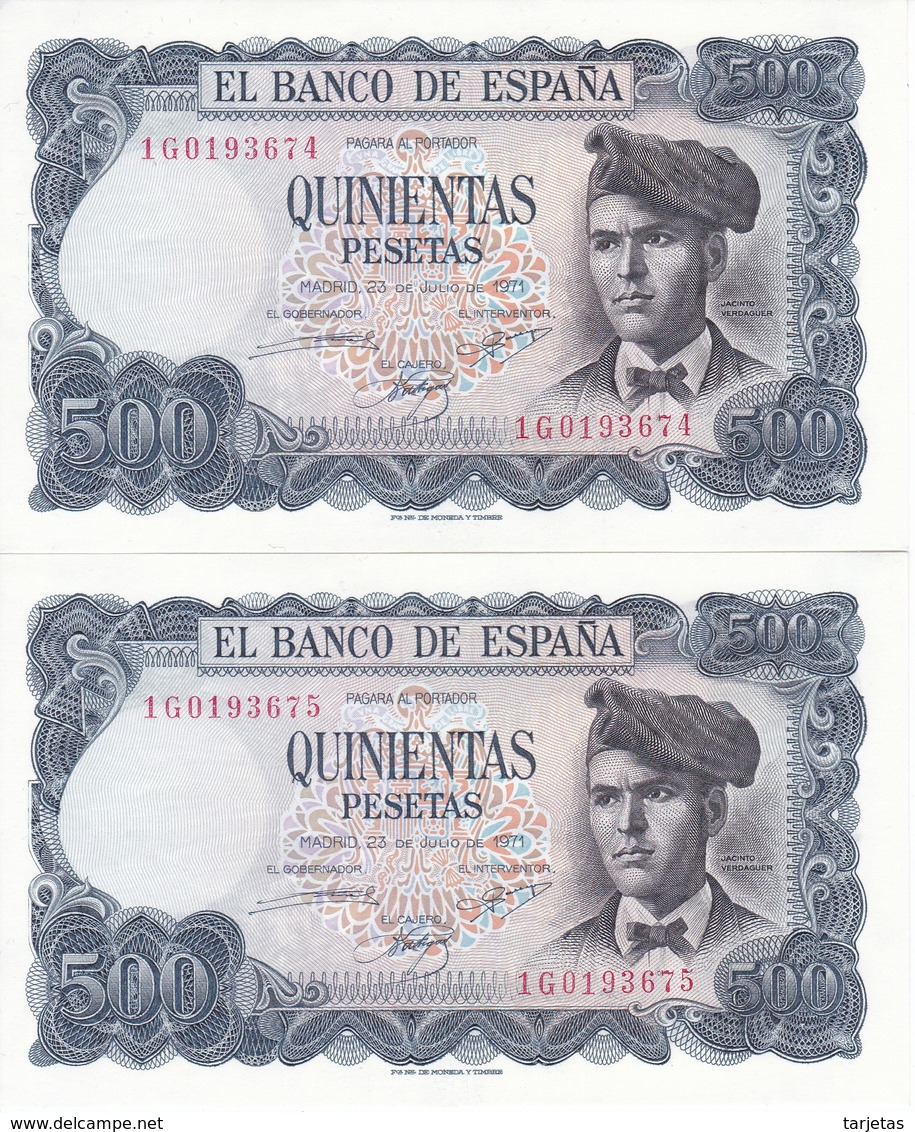 PAREJA CORRELATIVA DE 500 PTAS DEL 23/07/1971 SERIE 1G  SIN CIRCULAR-UNCIRCULATED - 500 Pesetas