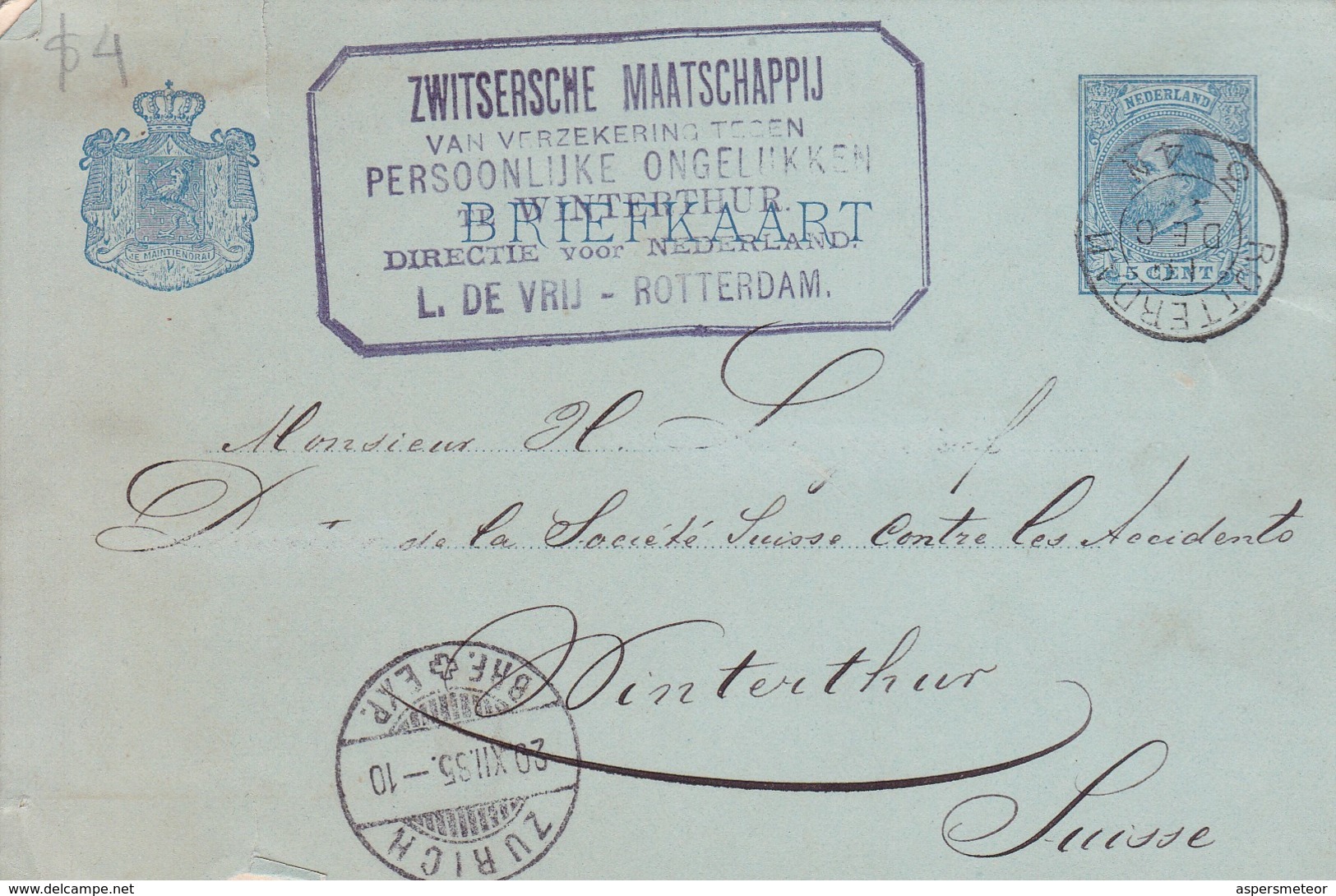 INTERO ENTIER ENTERO POSTAL NETHERLANDS USED CIRCULEE ZURICH TO SUISE OLD.-TBE-BLEUP - Material Postal