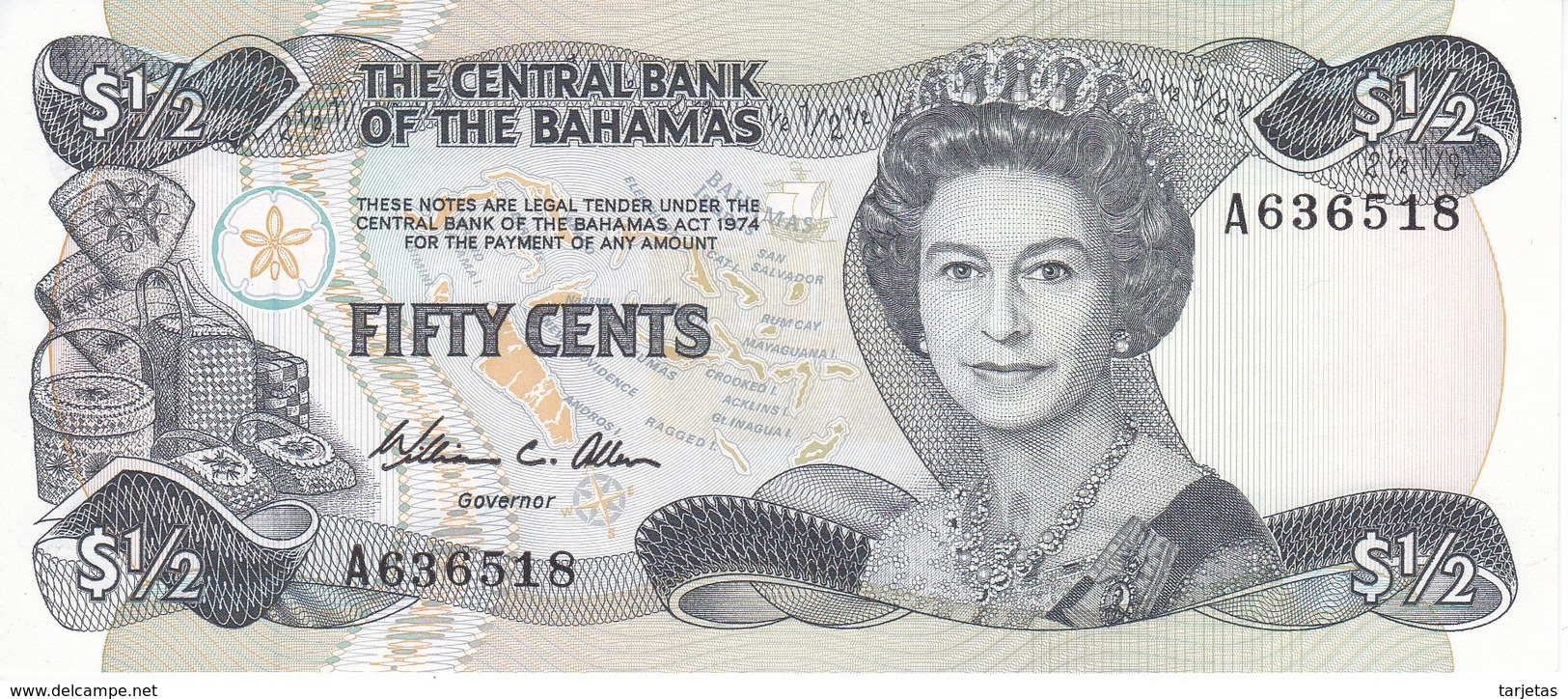 BILLETE DE BAHAMAS DE 1/2 DOLLAR DEL AÑO 1984  (BANKNOTE) SIN CIRCULAR-UNCIRCULATED - Bahamas