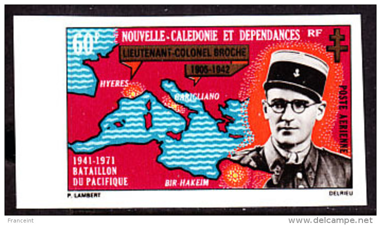 New Caledonia (1971) Lt. Col. Broche. Map Of Mediterranean. Imperforate.  Battalion Of The Pacific.  Scott No C81, Yvert - Sin Dentar, Pruebas De Impresión Y Variedades