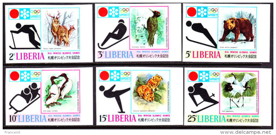 Liberia (1972) Sapporo Olympics. Various Animals And Birds. Set Of 6 Imperforates  Scott Nos 577-82, Yvert Nos 548-53. - Winter 1972: Sapporo