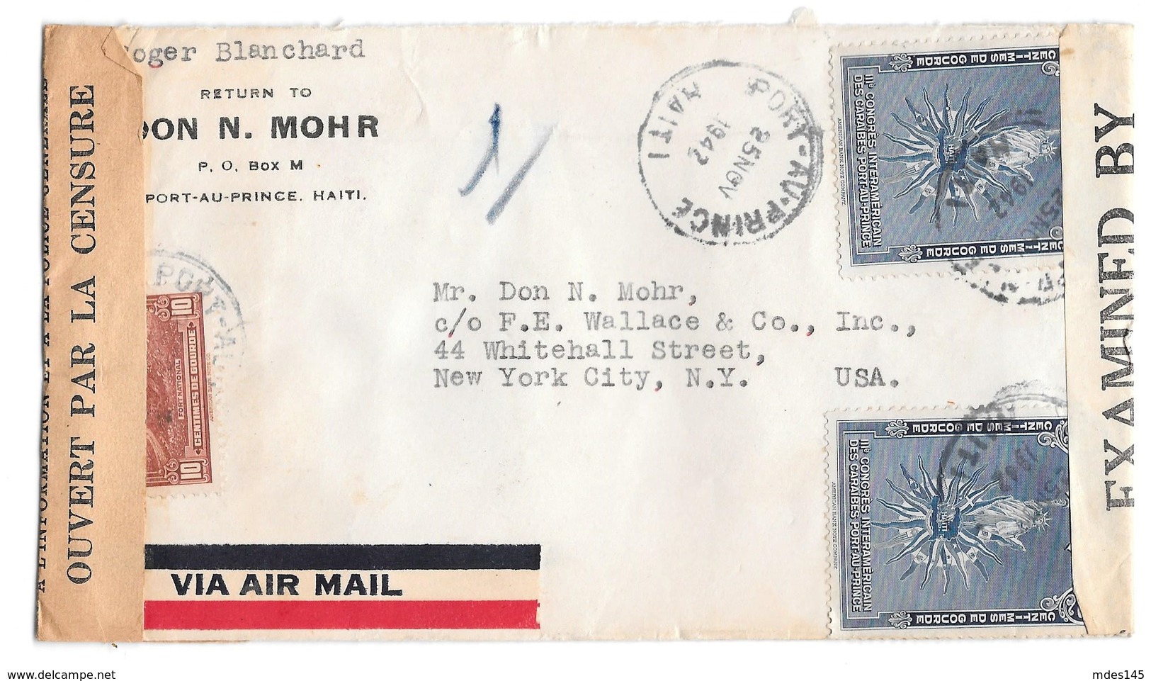 Haiti Dual Censor 1942 Airmail Cover Port Au Prince To US Examiner 1925 Sc 330 339 - Haiti