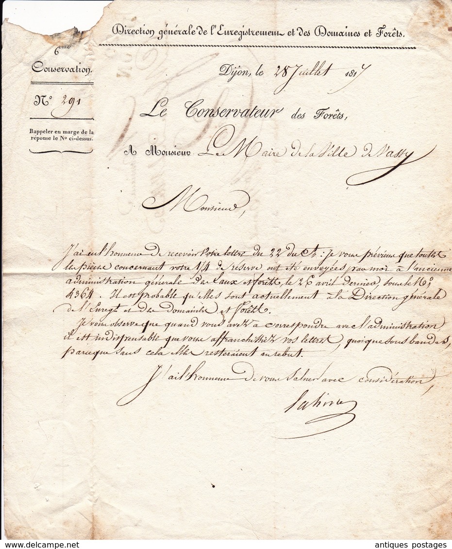 Lettre Dijon 1817 Côte d'Or Le Conservateur des Forêts Direction Générale Domaines et Forêts Wassy Haute Marne