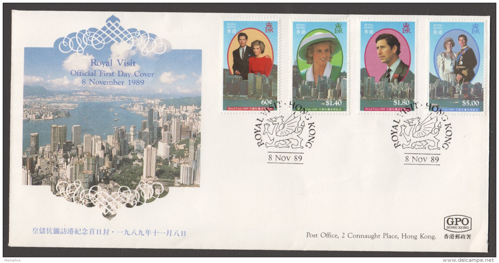 1989 - Charles And Diana Visit To Hong Kong Complete Set On FDC - FDC
