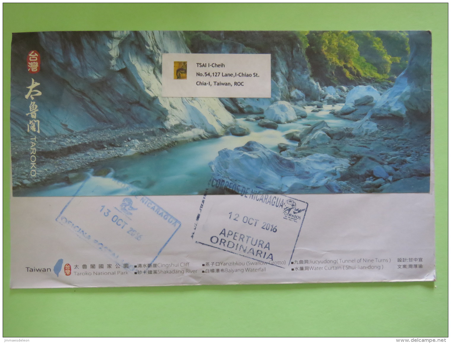 Taiwan 2016 Cover To Nicaragua - Lanscapes - Lettres & Documents