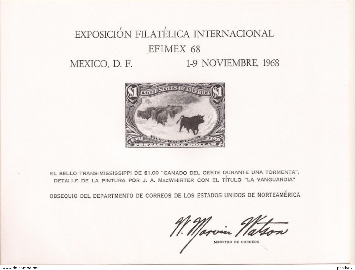 MEXICO 1968 Painting Cattle Phil.exhib. Engraved Reprint Imperf.sheetlet USA-related [épreuve Prueba Druckprobe] - Errors, Freaks & Oddities (EFOs)