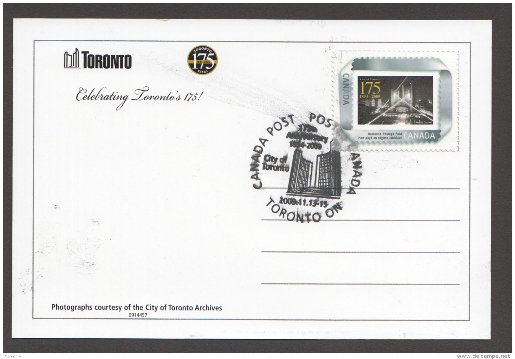 2009  Toronto 175th Ann.  Picture Postage  And Special Cancel  RARE - Covers & Documents