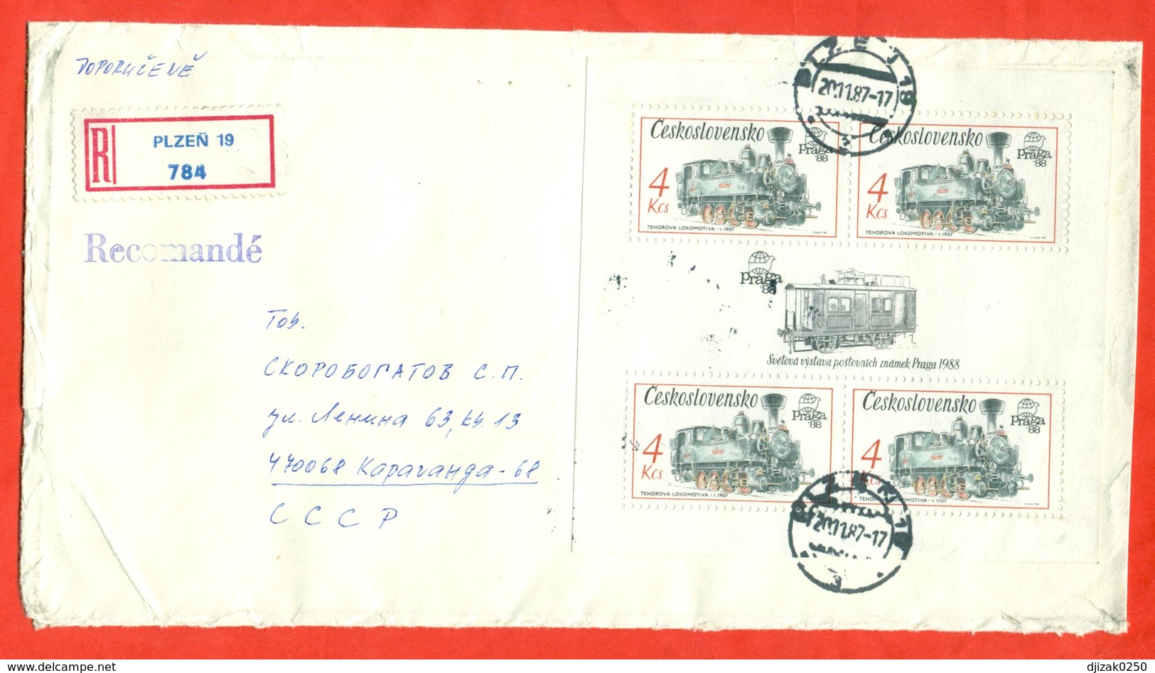 Czechoslovakia 1987.Locomotive. Small Sheet. Registered Envelope Is Really Past Mail. - Covers & Documents