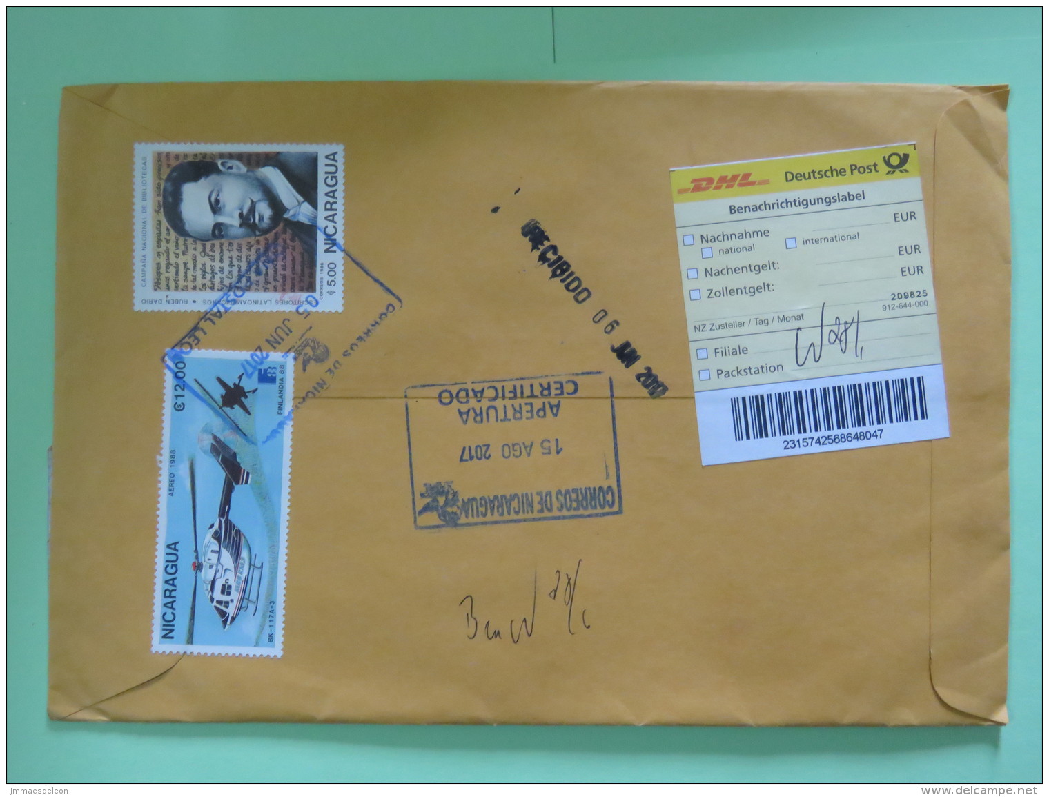 Nicaragua 2017 Registered Cover To Germany Returned - Fishes - Helicopter Writer DHL - Nicaragua