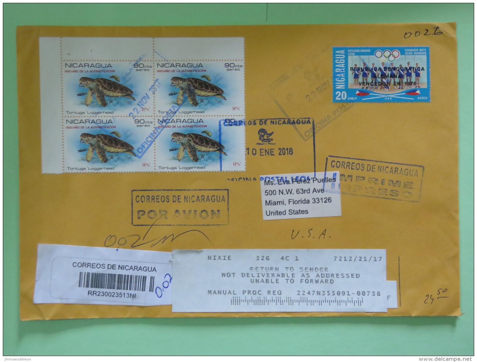 Nicaragua 2018 Registered Cover To USA - Returned - Olympic Games Overprinted - Sea Turtles Overprinted (Michel Quotes 4 - Nicaragua