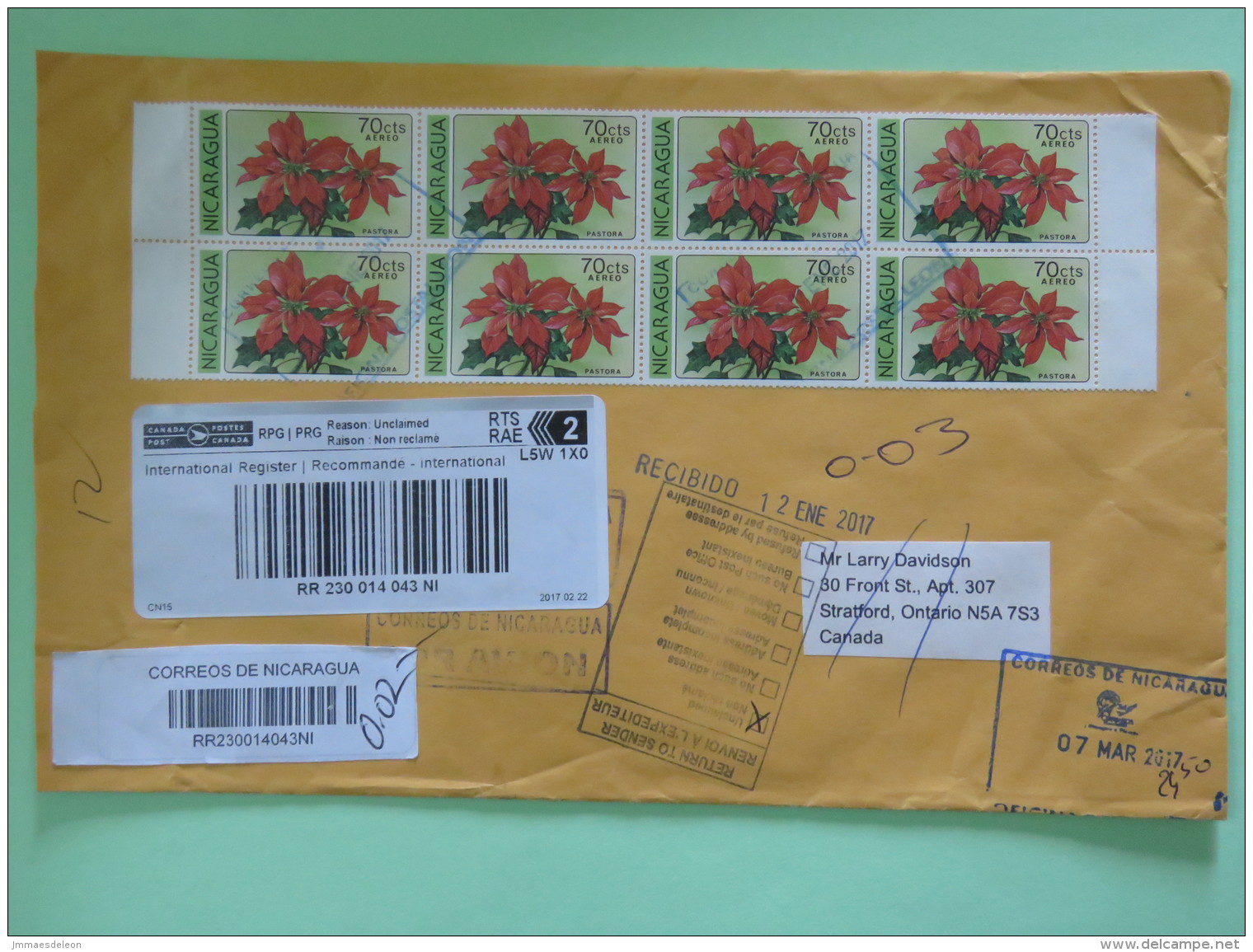 Nicaragua 2017 Registered Cover To Canada Returned - Flowers Christmas Paintings Greco - Nicaragua