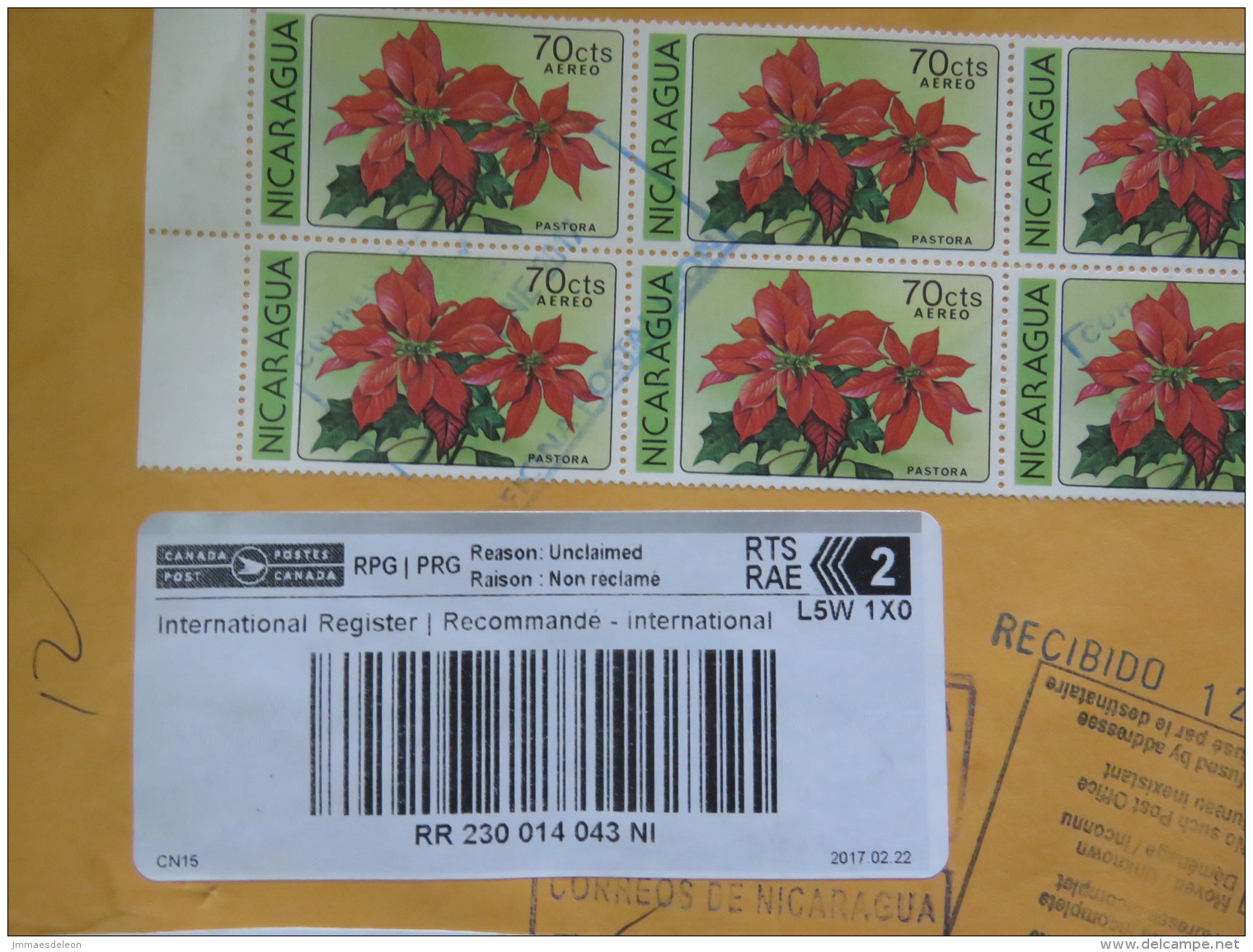 Nicaragua 2017 Registered Cover To Canada Returned - Flowers Christmas Paintings Greco - Nicaragua