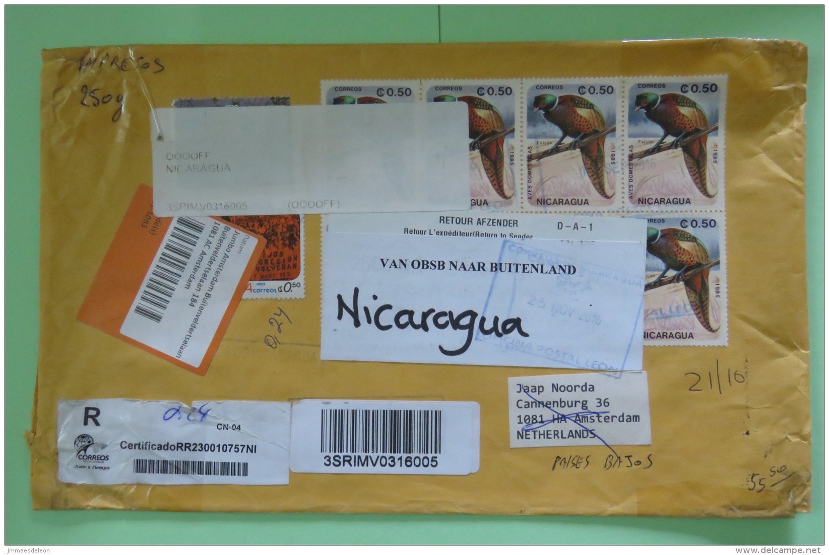 Nicaragua 2016 Registered Cover To Holland Returned - Birds - Visit Of The Pope - Nicaragua