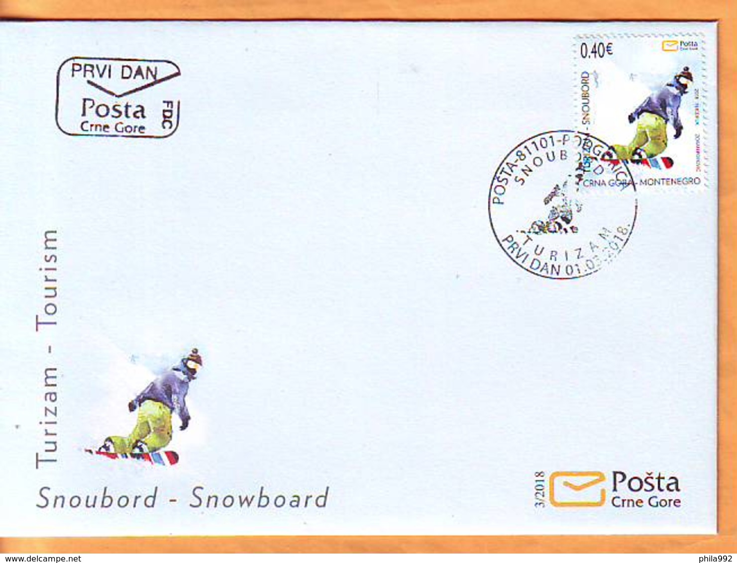 Montenegro 2018 Y FDC Tourism Sport Snowboard Postmark Podgorica 01.03. - Montenegro