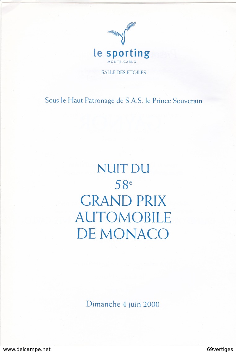 GRAND PRIX DE MONACO, MONTE CARLO ,1-4 Juin 2000, Menu Du Diner De Gala - Menu