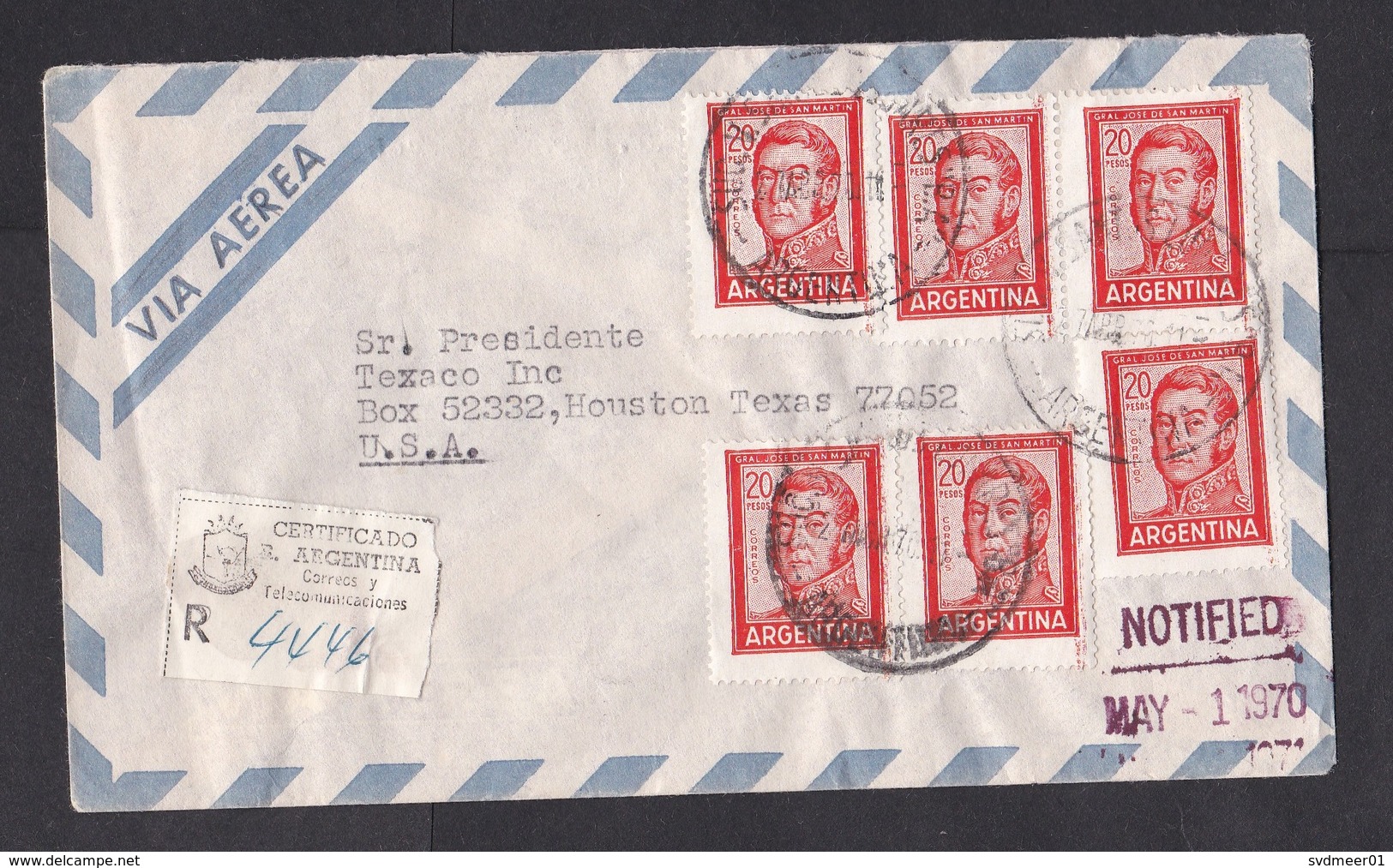 Argentina: Registered Airmail Cover To USA, 1970, 6 Stamps, R-label, Auxiliary Cancel 'Notified' (traces Of Use) - Brieven En Documenten