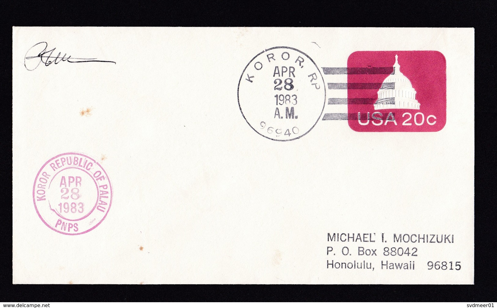 USA - Palau: Stationery Cover Koror To Hawaii, 1983, 2 Different Cancels, Rare (minor Discolouring) - Palau