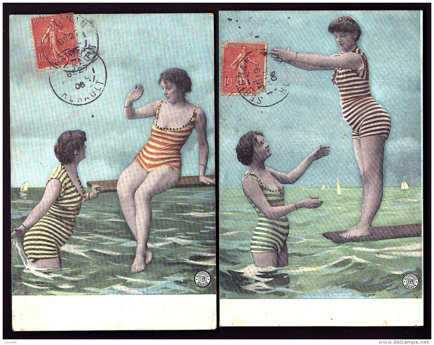 LOT 2 CPA ANCIENNES FRANCE-  LES BAIGNEUSE DE SÉRIGNAN (34)- COSTUMES RAYÉS- TRES GROS PLAN- LE PLONGEON - Costumes