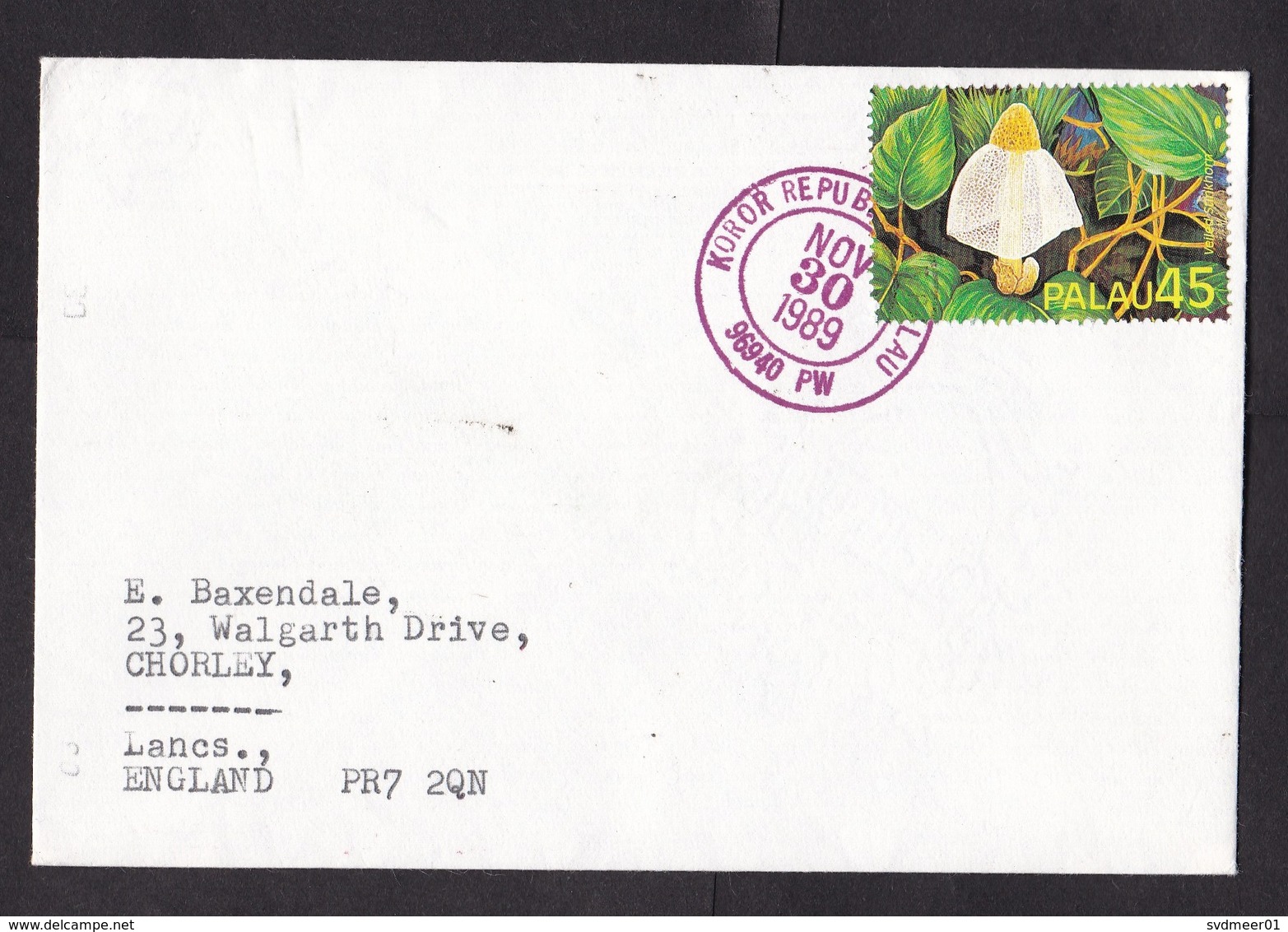 Palau: Cover Koror To UK, 1989, 1 Stamp, Mushroom, Fungus, Rare Real Use! (traces Of Use) - Palau