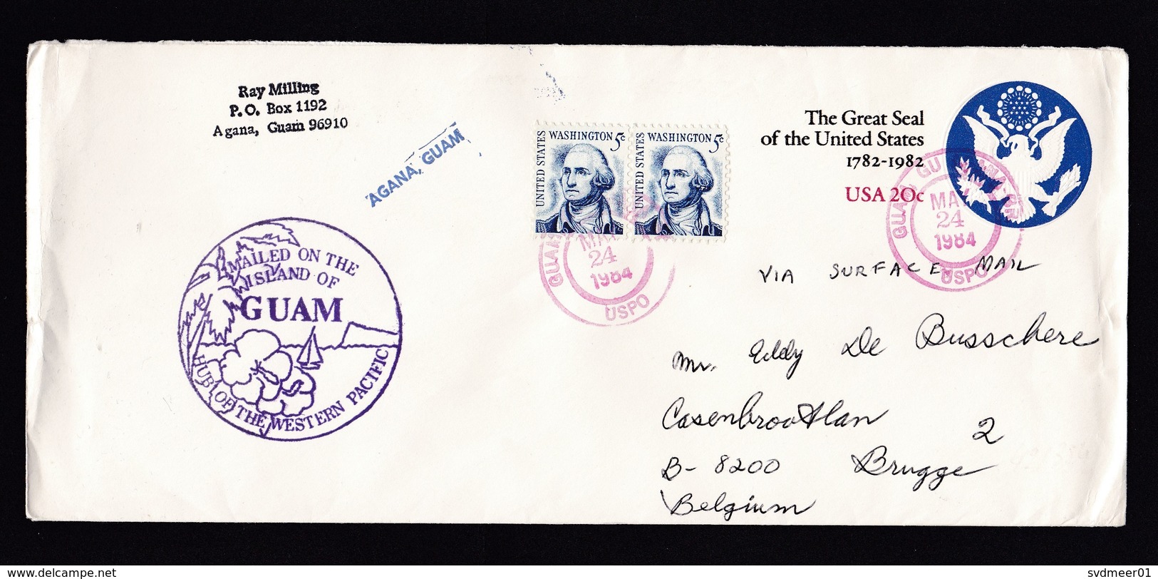 USA - Guam: Stationery Cover Agana To Belgium, 1984, 2 Extra Stamps, Great Seal, Via Surface Mail (minor Crease) - Guam