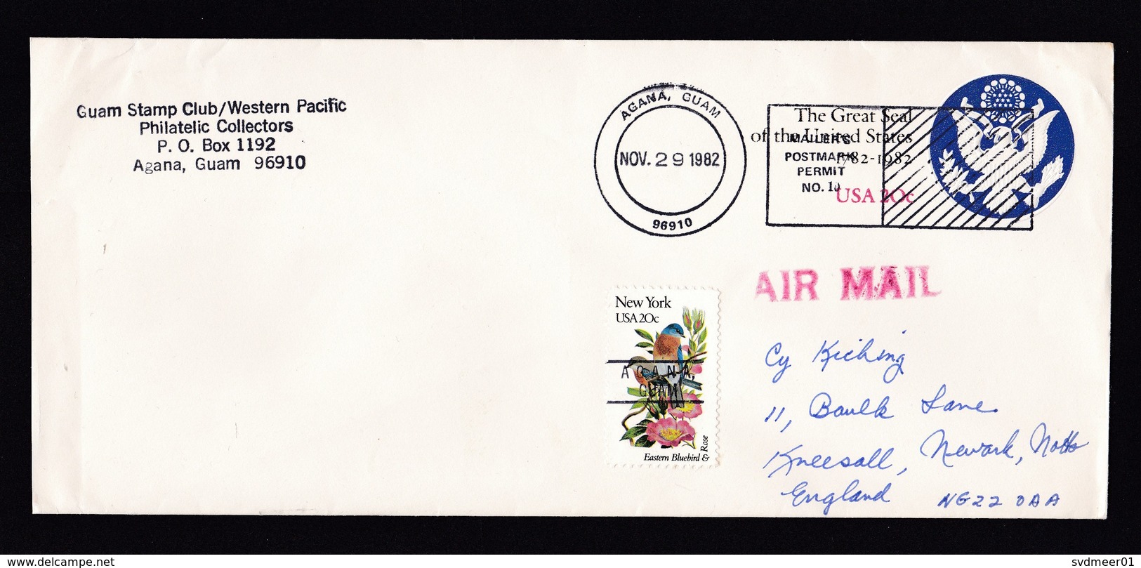 USA - Guam: Stationery Cover Agana To UK, 1982, Extra Stamp, Pre-cancel, Precancel, Postmark Permit (traces Of Use) - Guam