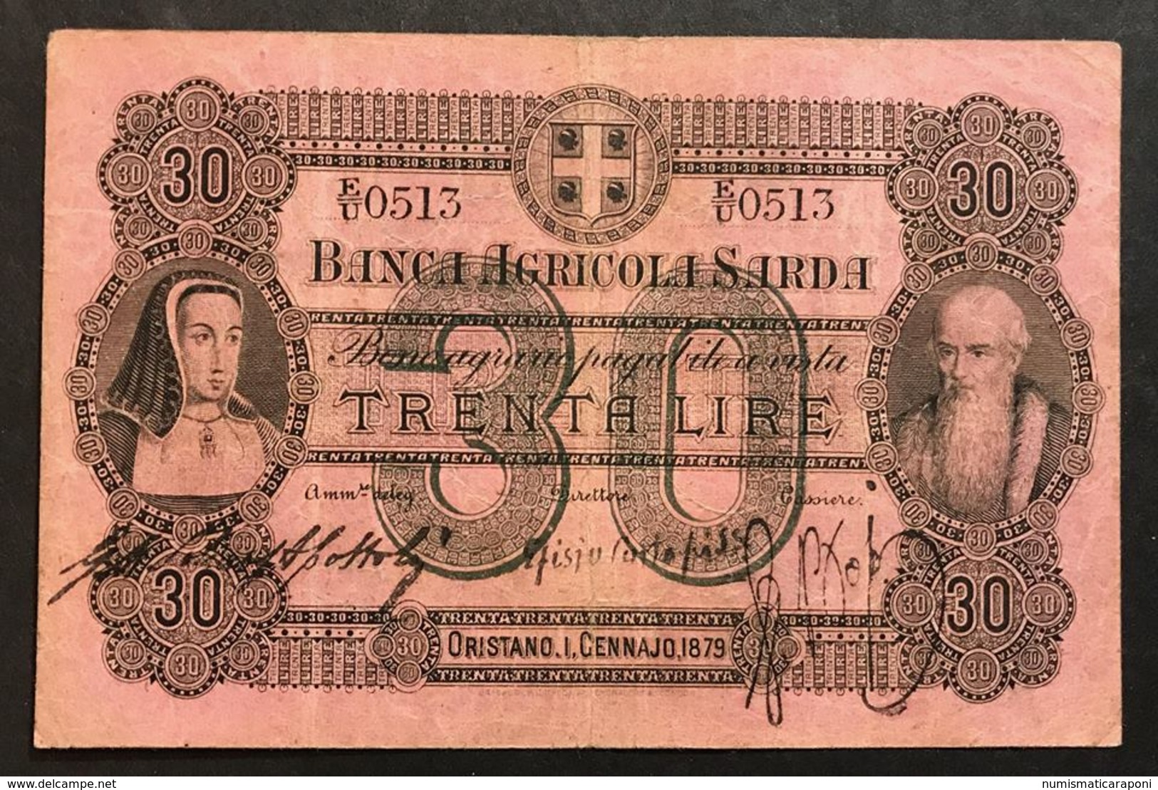 BANCA AGRICOLA SARDA 30 LIRE 1879 RARO BB+ Forellini LOTTO 1779 - Altri & Non Classificati