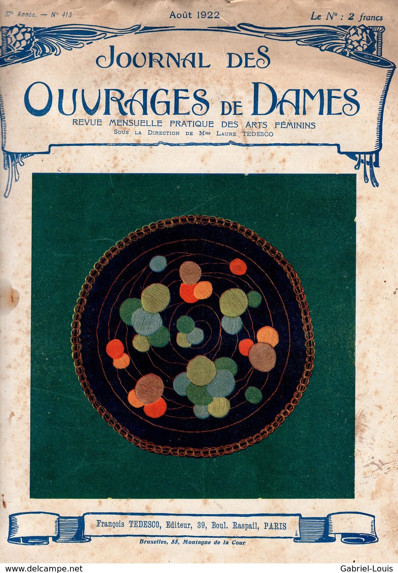 Journal Des Ouvrages De Dames - No 413 - 1922 - Broderie - Dentelle - Crochet - Tricot - Paris - Mode - Bruxelles - 1900 - 1949