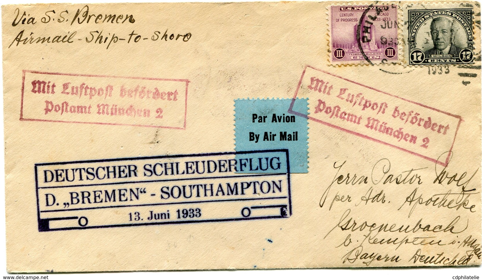 ETATS-UNIS LETTRE PAR AVION AVEC CACHET DEUTSCHER SCHLEUDERFLUG D. BREMEN - SOUTHAMPTON DEPART PHILADELPHIA JUN 7 1933.. - 1c. 1918-1940 Covers