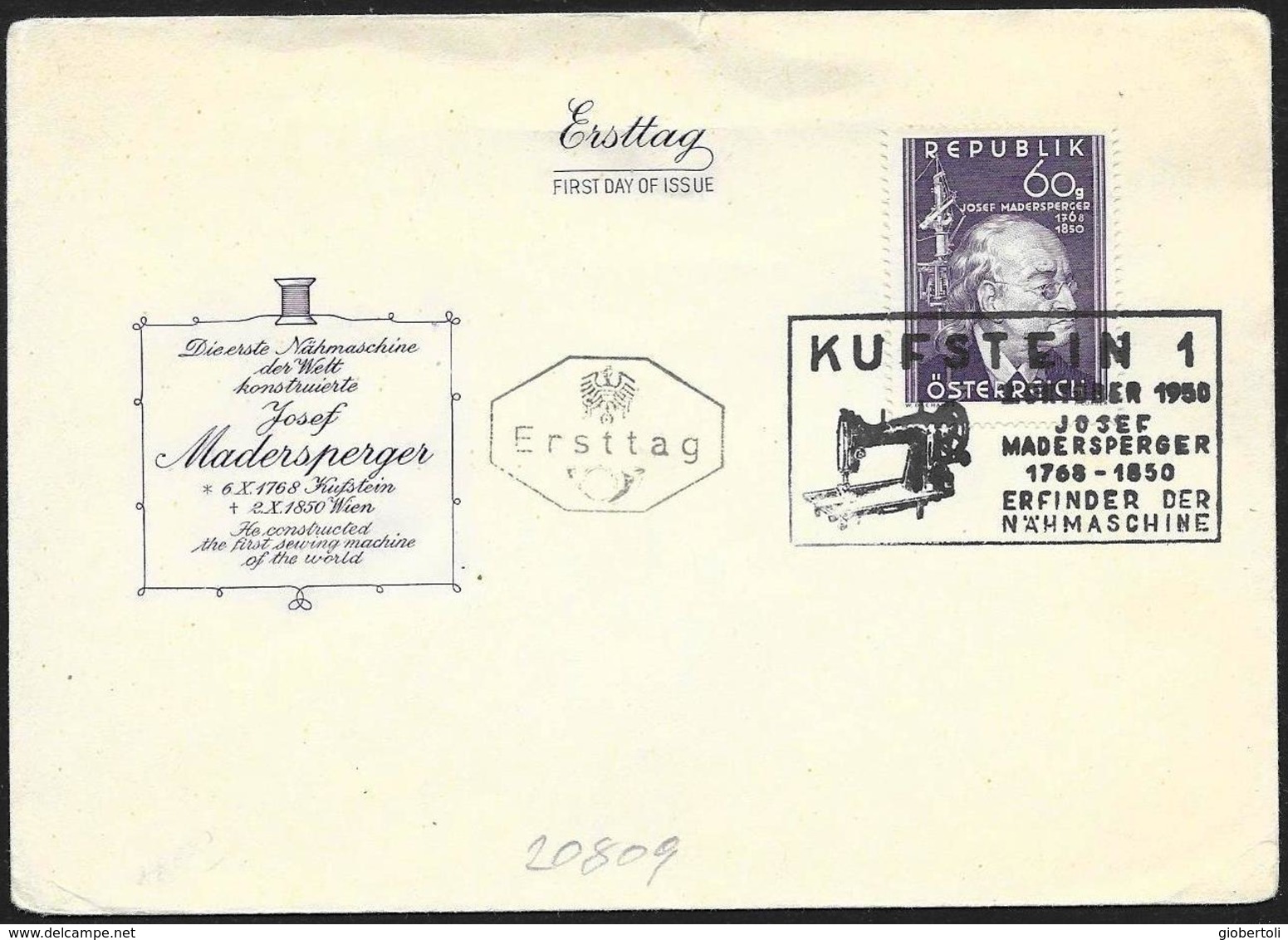 Austria/Autriche: FDC, J. Madersperger, Macchina Da Cucire, Sewing Machine, Machine à Coudre - Tessili