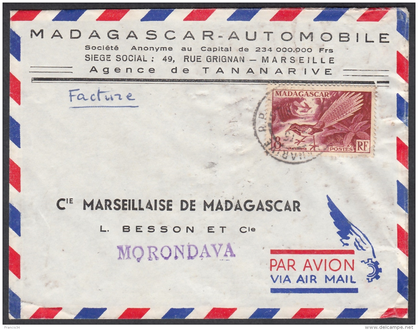 N° 323 Sur Lettre Pub " Automobile Renault Frégate 55 " De Tananarive 195? Pour Morondava - Lettres & Documents