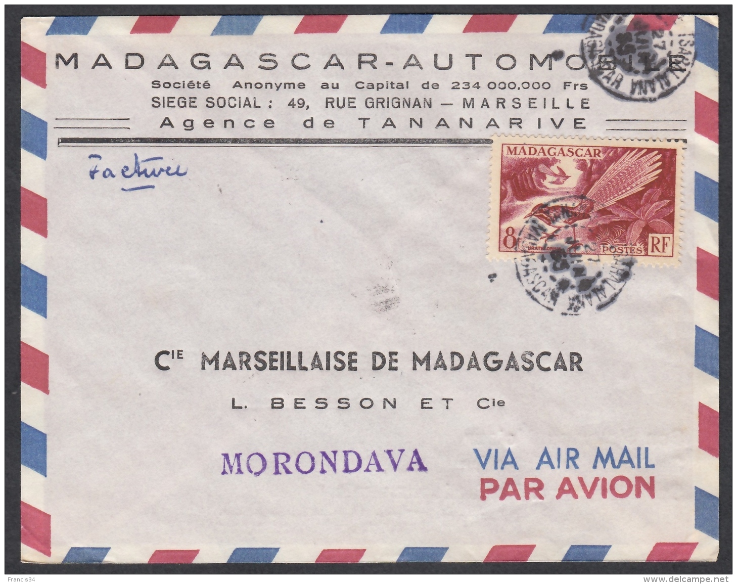 N° 323 Sur Lettre Pub " Automobile Renault Frégate 55 " De Tananarive 1955 Pour Morondava - Lettres & Documents