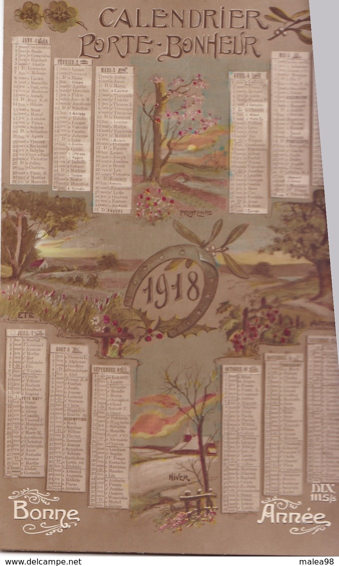 CALENDRIER ,,,,PORTE  BONHEUR  1918,,,,TBE ,,,, - Petit Format : 1901-20