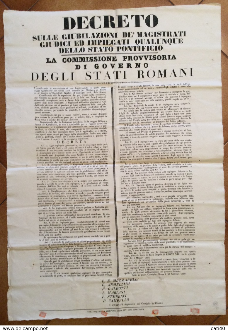 GUERRA D'INDIPENDENZA/ REPUBBLICA ROMANA DECRETO  DELLA COMMISSIONE PROVVISORIA DI GOVERNO DEL 26/1/1849 RRR - Manifesti