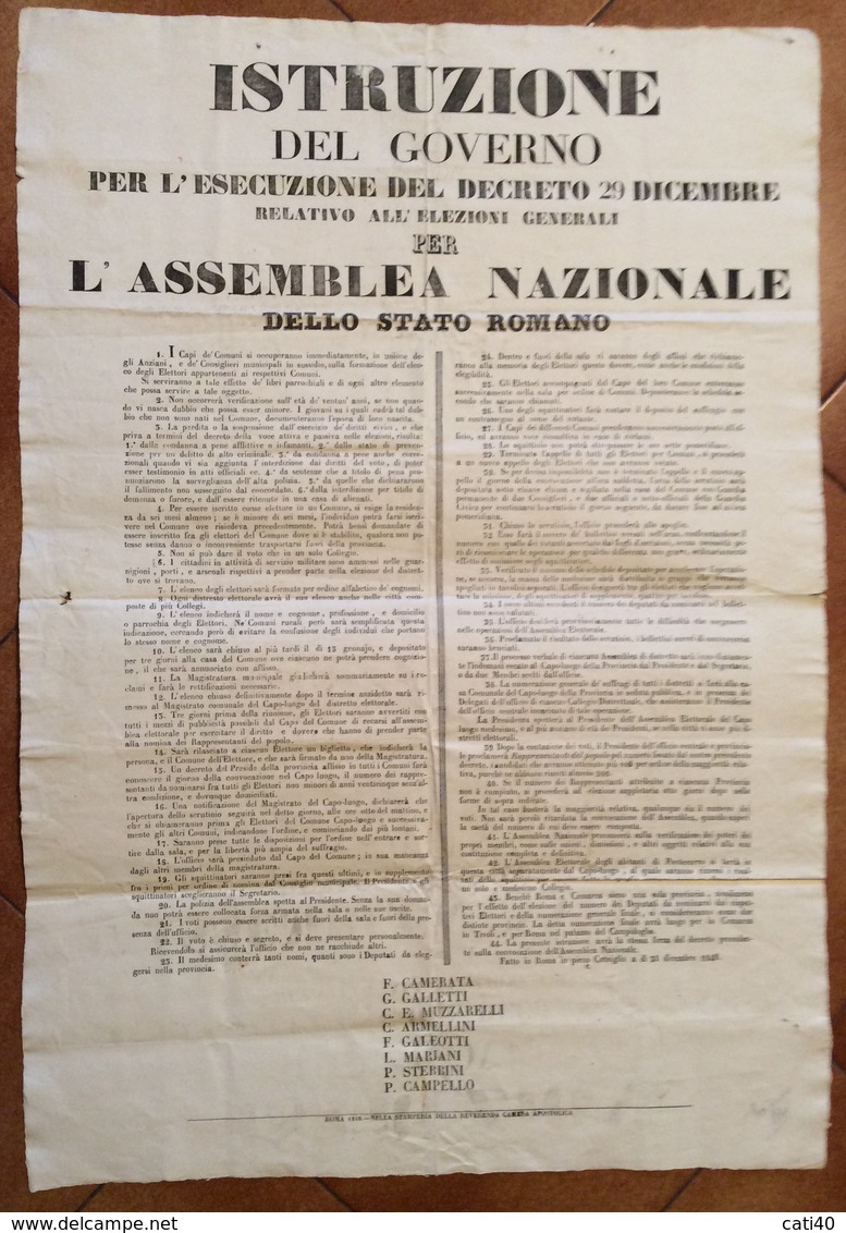 GUERRA D'INDIPENDENZA 1848-49 MANIFESTO PER L'ASSEMBLEA NAZIONALE DELLO STATO ROMANO DEL 31/12/1848 - Manifesti