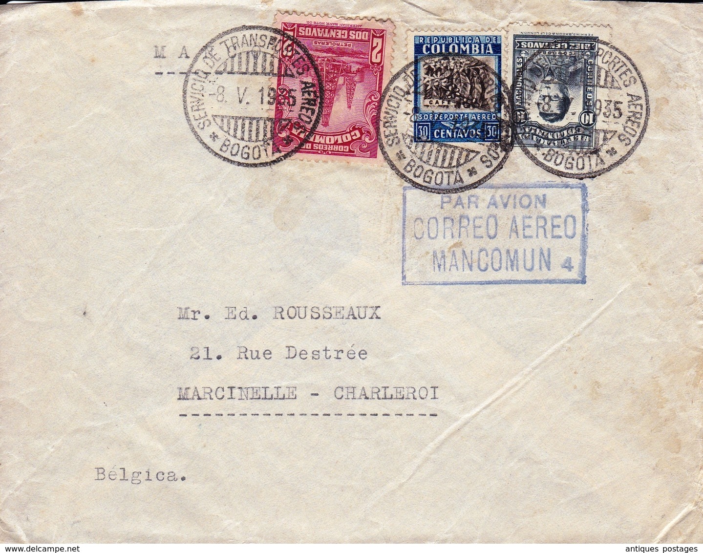 Lettre Bogota 1935 Colombie Colombia Servicio De Transportes Aeros Marcinelle Belgique - Colombia